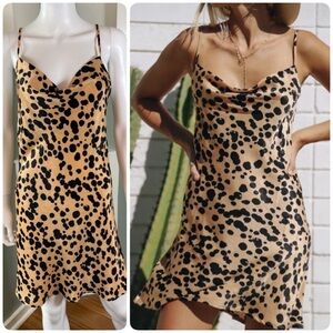 Olivaceous Spotted Cheetah Leopard Mini Slip Satin Sun Dress Medium M sundress